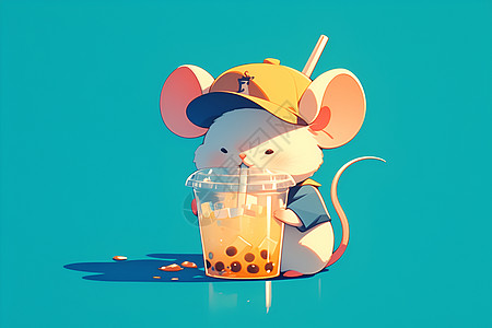 卡通小老鼠戴着棒球帽喝着奶茶图片