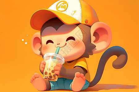 猴子开心喝着饮料图片