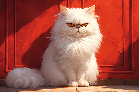 红墙白猫的可爱插画图片