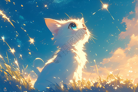 星空下可爱猫咪图片