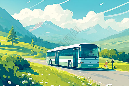 公交车背后是山峦和繁茂的植被图片