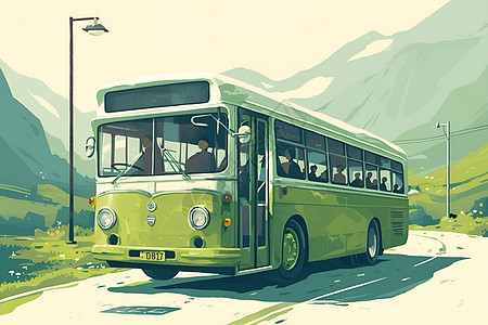绿色巴士驶过山林路图片