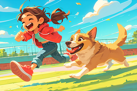 快乐奔跑的女孩和小狗图片