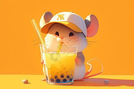 小老鼠戴着棒球帽享受着奶茶图片