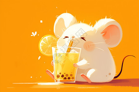 萌萌的小老鼠喝着珍珠奶茶图片
