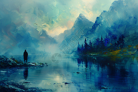 男人站在岸边望着山湖图片