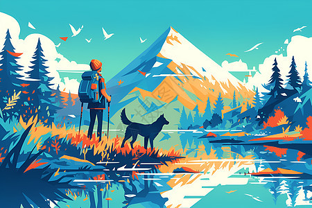 男孩与狗狗在山水环绕的野外图片