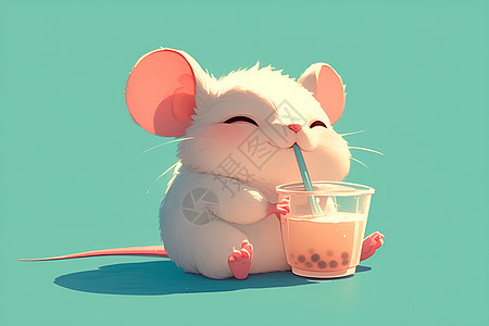 小老鼠用吸管喝奶茶的插画图片