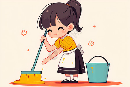 欢快的卡通女孩打扫卫生图片