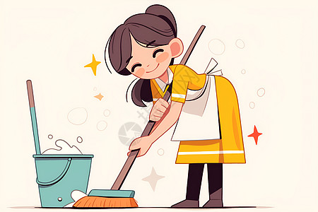 可爱女孩清扫卫生的插画图片