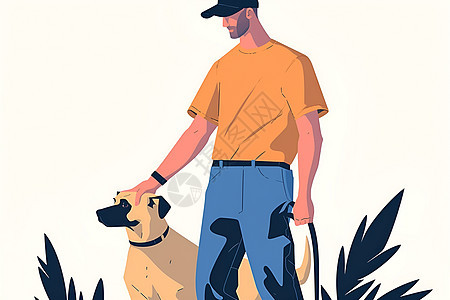 男人和狗的插画图片