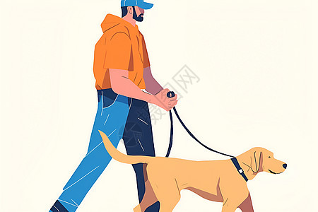 男子牵着狗散步图片