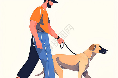 男人遛狗的插画图片