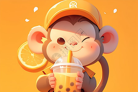 猴子拿着一杯奶茶图片