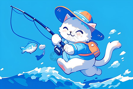 猫咪钓鱼的可爱插画图片