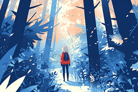 冬季森林中的少女背影图片