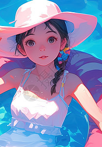 水池中戴粉色帽子的少女图片