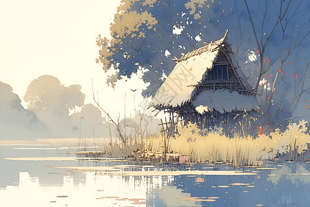 湖边小屋的景致图片