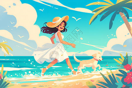 少女与狗在海滩上奔跑图片