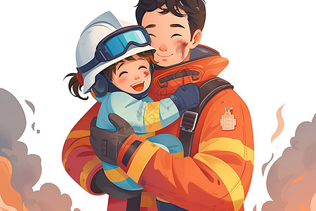 抱着孩子的卡通消防员图片