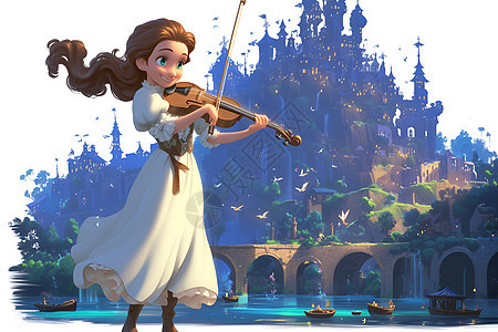 城堡下演奏小提琴的女孩图片