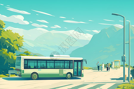 山间的巴士插画图片