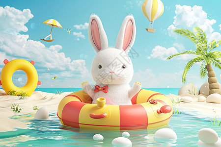 游泳圈中的兔子插画图片