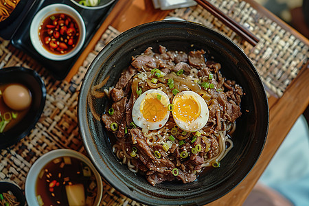 一碗放着肉和鸡蛋的食物图片