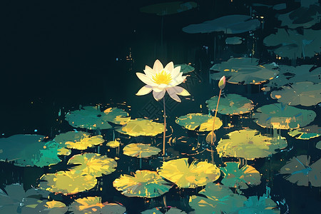 白睡莲漂浮在池塘上图片