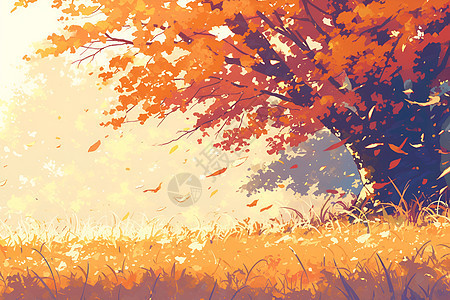 秋天里的彩绘树与落叶图片