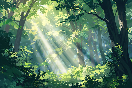 森林中阳光穿过树木照耀在地面图片