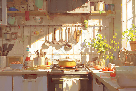 早晨阳光下的厨房图片