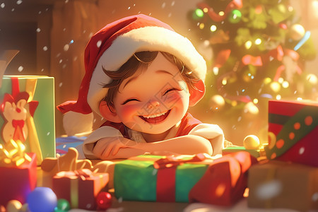 圣诞帽下微笑的孩子图片