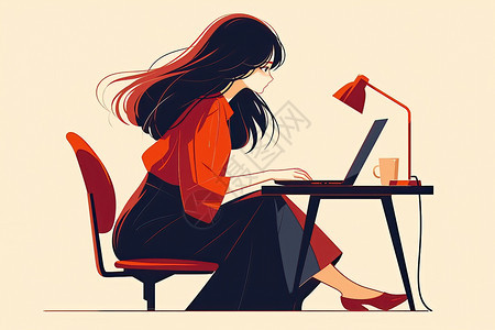 女子坐在办公桌前膝上放着一台手提电脑图片