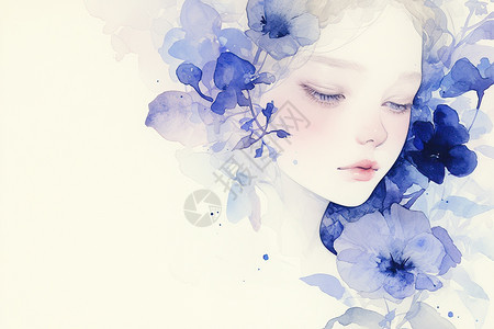 女人头上的蓝色花朵图片