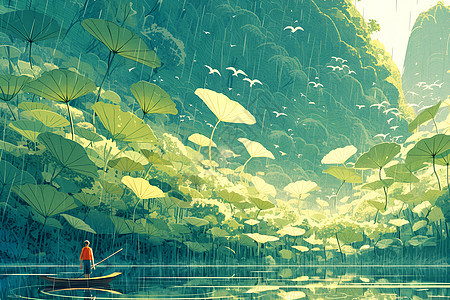 夏日雨中划船的人图片