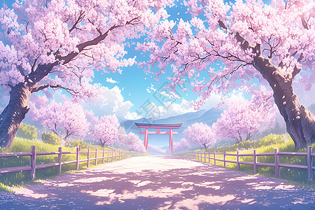 道路两边的樱花树图片