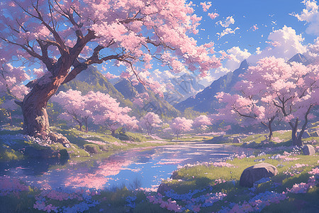 河流两边的樱花树图片