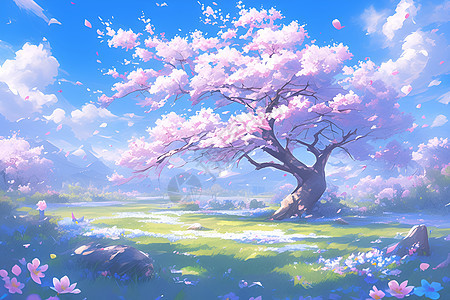 草地中的一棵樱花树图片
