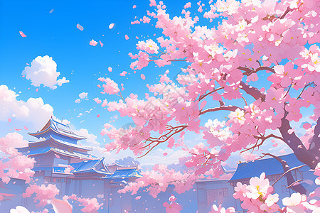 寺庙前的樱花树图片