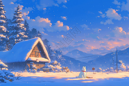 雪景中的狗屋与雪山图片