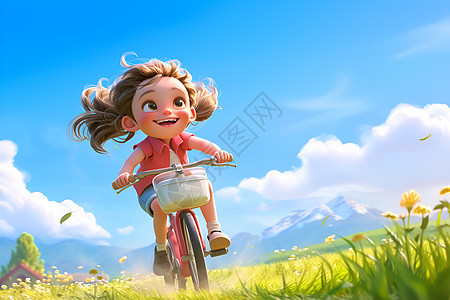 草地上骑行的少女图片