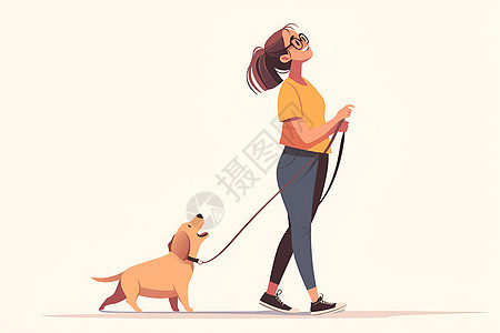 女士牵着她的幼犬散步图片