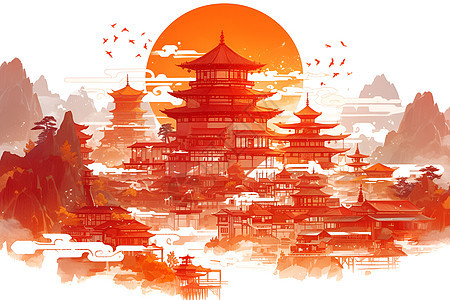 橙色剪纸中国建筑图片
