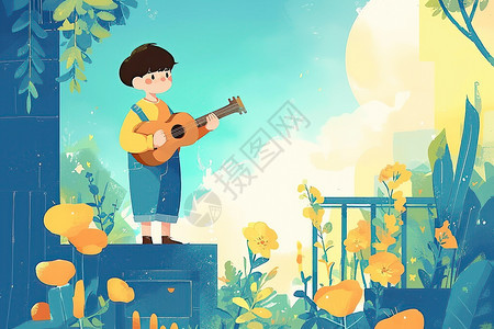 吉他少年在花园弹奏图片