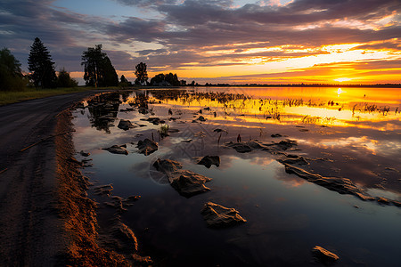 夕阳时的湖畔风景图片