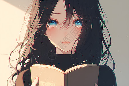 一位长发碧眼的少女抱着一本书图片