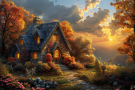 秋日里的万圣小屋图片