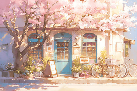 梦幻的咖啡馆和花树图片