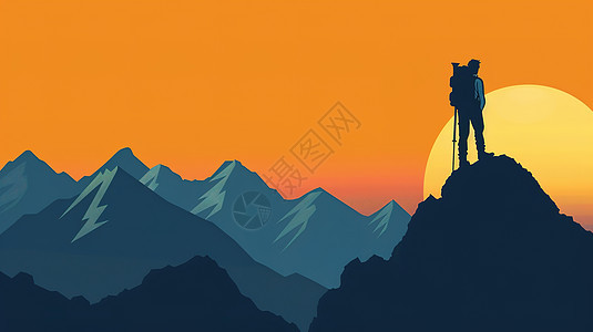 日落时山顶站着的男子图片